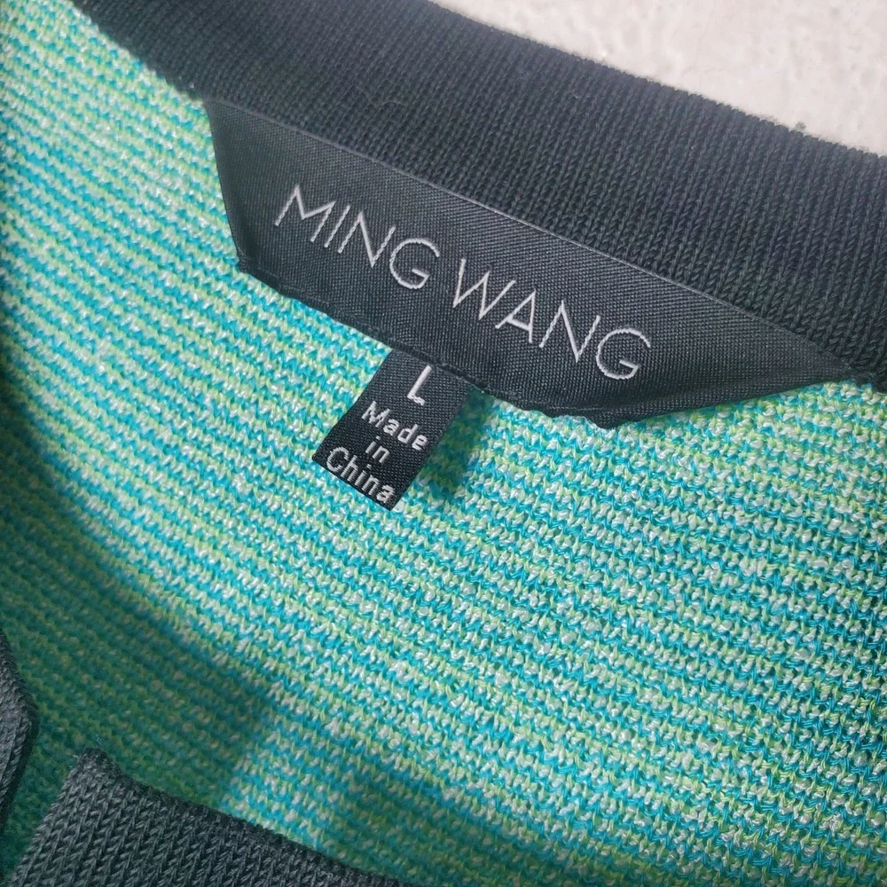 Ming Wang Sweater Knit Jacket Blazer Green Turquoise Striped Open Front Large - Picture 11 of 13